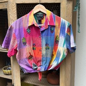 Vintage Carol Little Plaid Beaded Button Down Tie Top